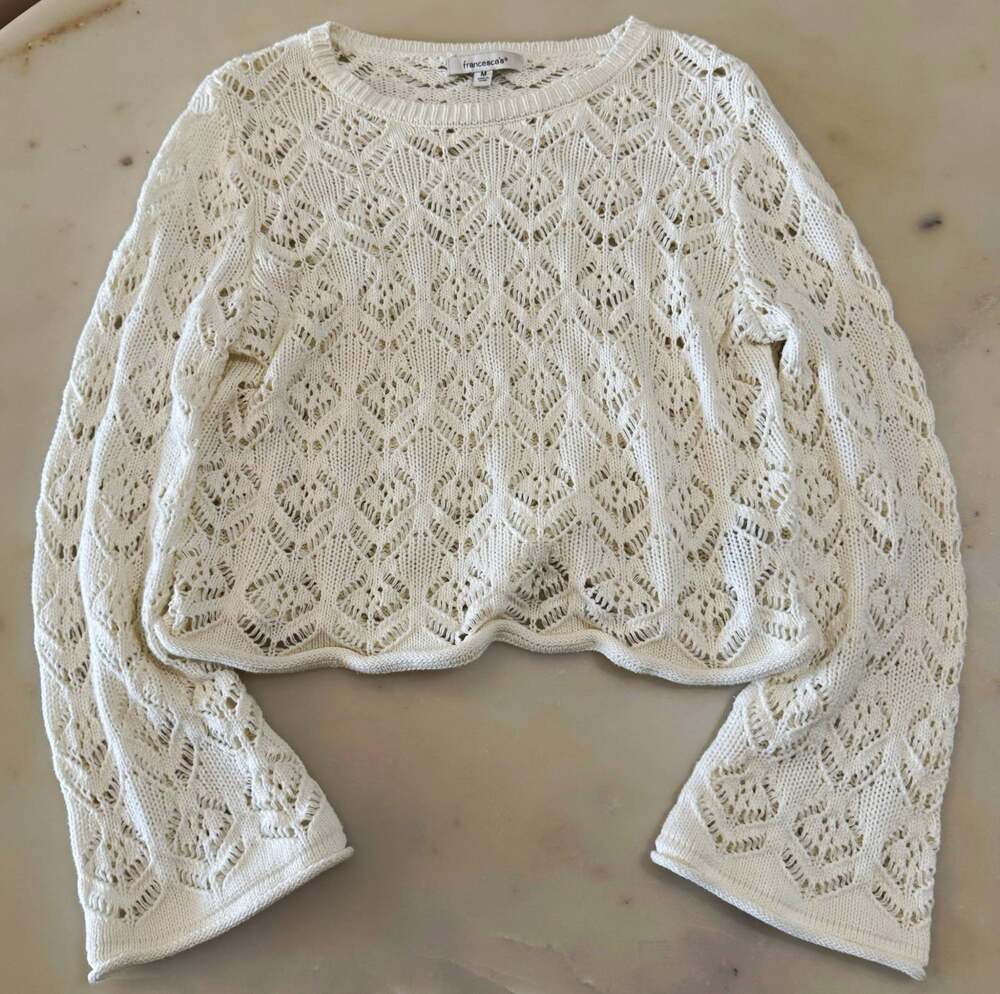 francesca's Open Knit Sweater Women’s M White Crochet Lightweight Crew Neck Boho